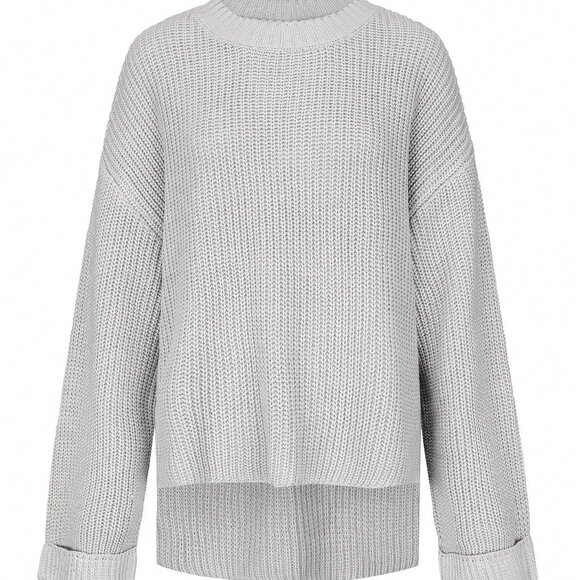 Grey Casual Women's Minimalist Long Split Sweater Top - Picture 8 of 9